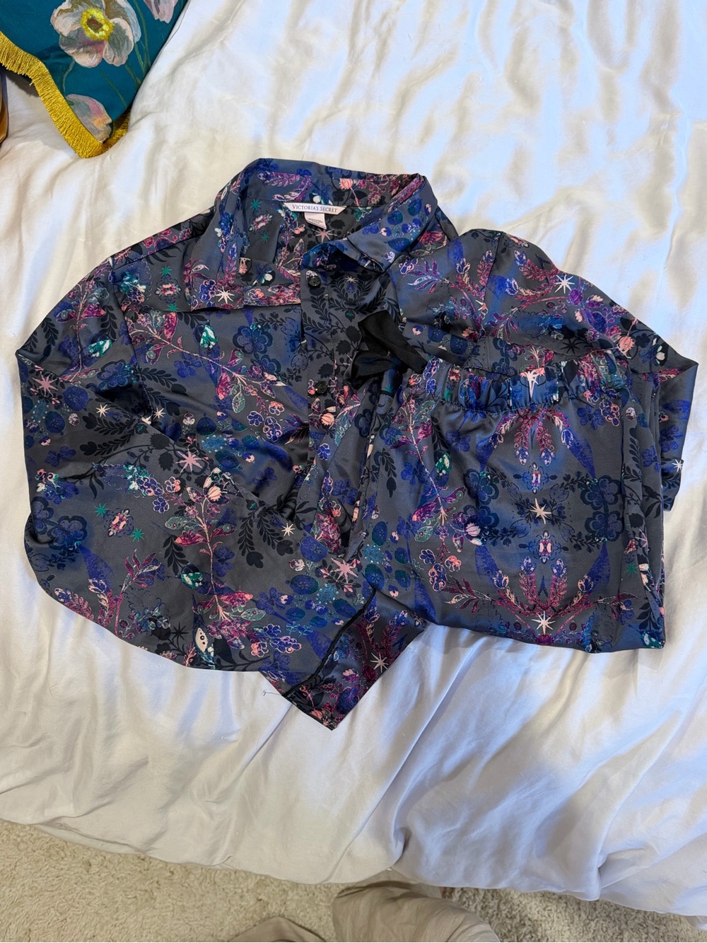 Victoria's Secret Navy Floral Satin Pajama Set with Pink & Teal Accents
